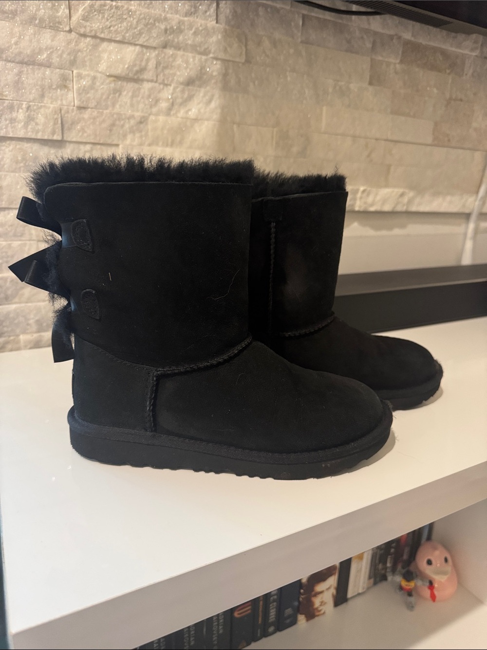 UGG Black Suede Kids Bow-Back Shearling Boots